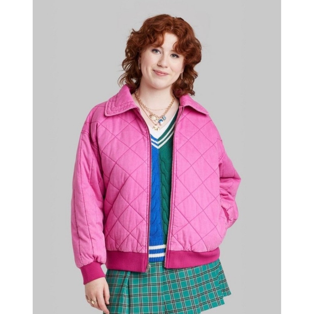 Wild Fable‎ Pink Quilted Bomber Oversized Jacket Size M Collared Zip Up Cotton